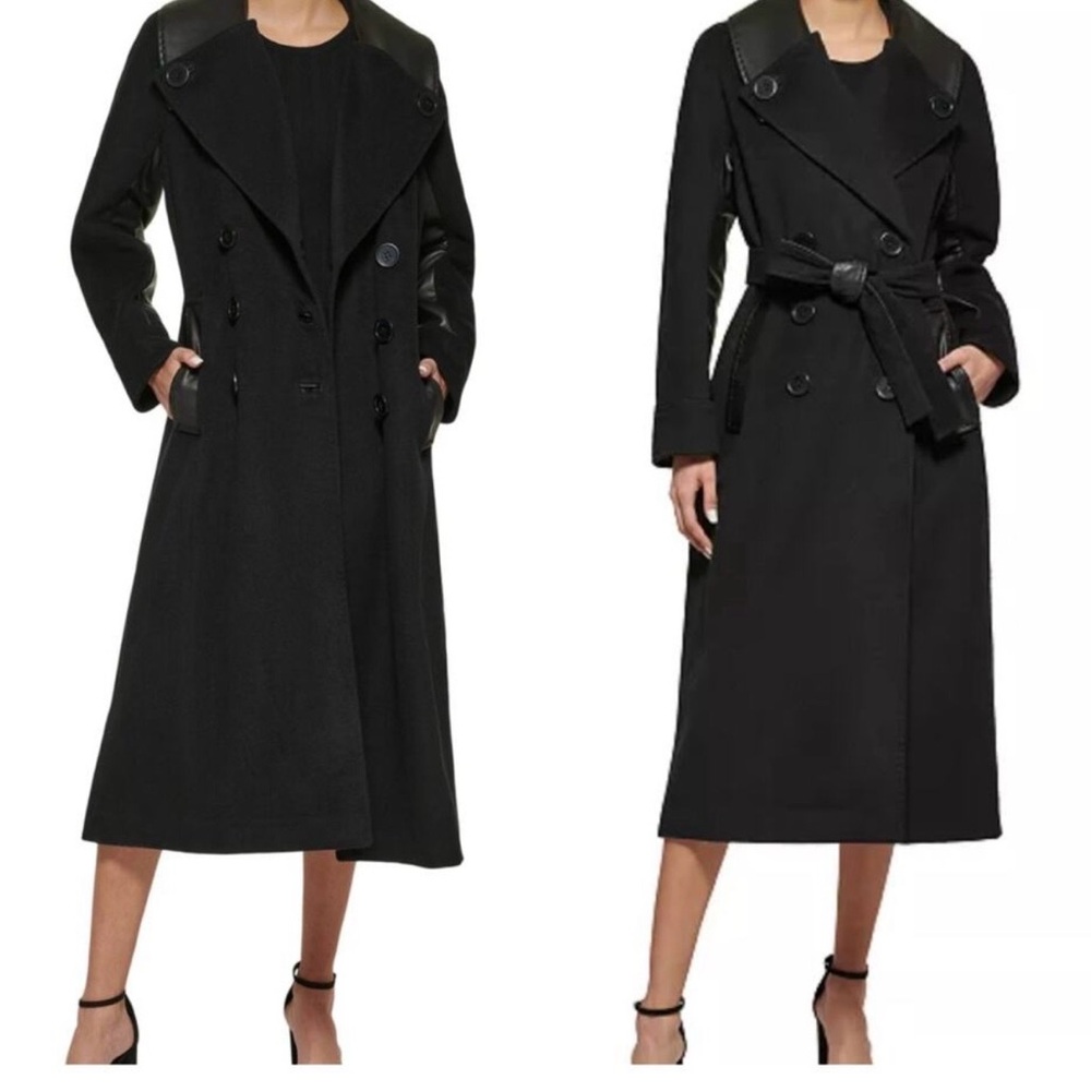 DKNY Double-Breasted Wool Coat w/ Faux Leather Accents – Black – Size M